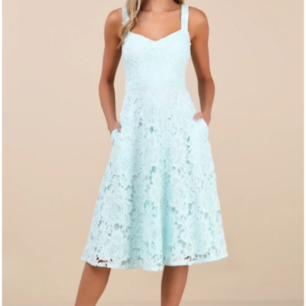 lulu's Divine Beauty Mint Blue Lace Midi Dress With Pockets (Never worn)